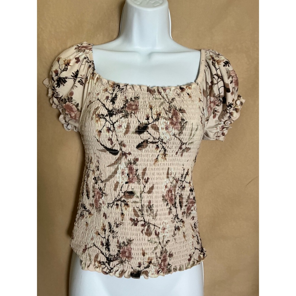 Orange Kiss Smocked Floral Top Womens Large Cream Tan Excellent Puff Sleeve Boho
